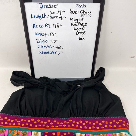 Suzi Chin For Maggy Boutique Silk Halter Dress Size 8P Black V Neck Floral Print - Picture 4 of 13